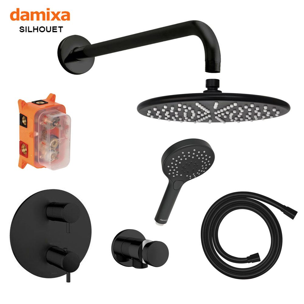 Damixa Silhouet HS-1 compleet inbouw set met 2-weg douche thermostaat en 250 mm hoofddouche, mat zwart