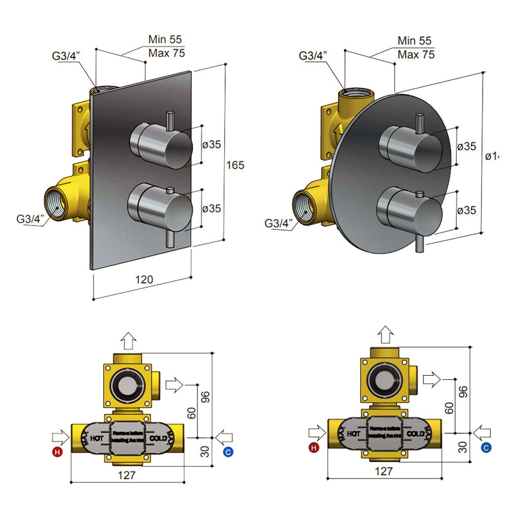 Hotbath Douchethermostaat Inbouwdeel met 2-weg Omstel – Geschikt voor Laddy Afbouwdelen – Chroom