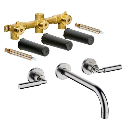 Dornbracht Tara Classic tweegreeps 3-gats wandmengkraan sprong 240 mm, platina mat