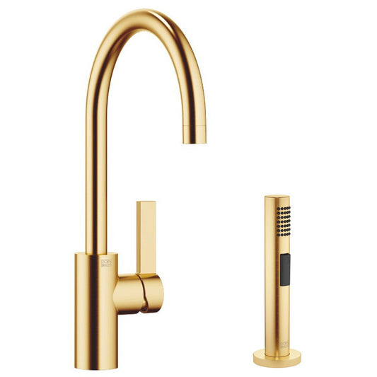 Dornbracht Tara Ultra ééngreeps keukenmengkraan met spoeldouche, geborstelde Durabrass 23Kt gouden afwerking