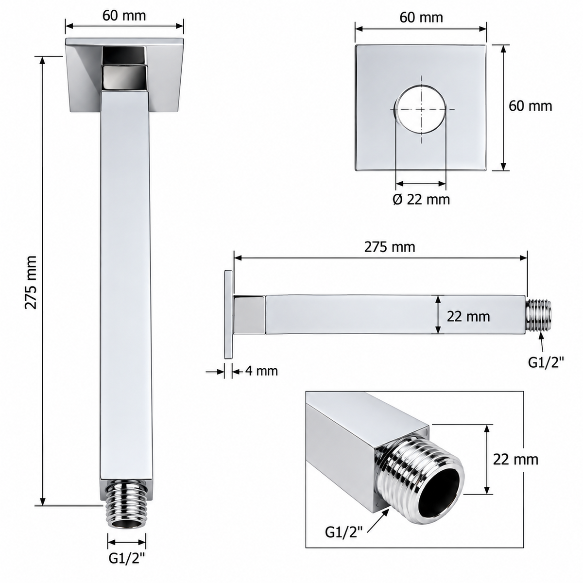 VTE Vierkant Plafond Douchearm hoofddouche bevestiging 275 mm Chroom