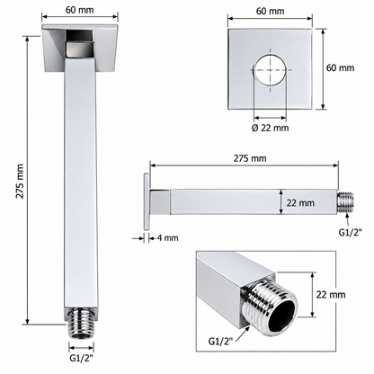 VTE Vierkant Plafond Douchearm hoofddouche bevestiging 275 mm Chroom