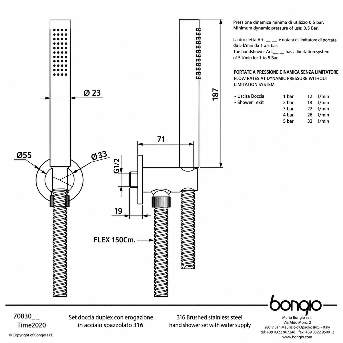 Bongio Time2020 handdoucheset incl. aansluitbocht en doucheslang Geborsteld RVS 316