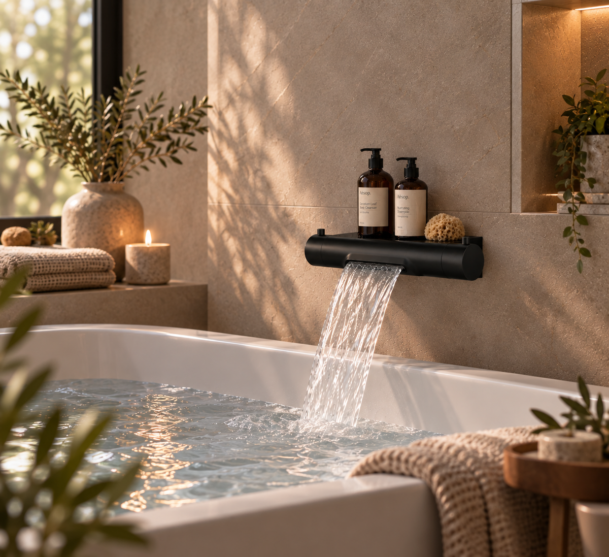Regn thermostatisch badkraan met waterval en planchet mat zwart