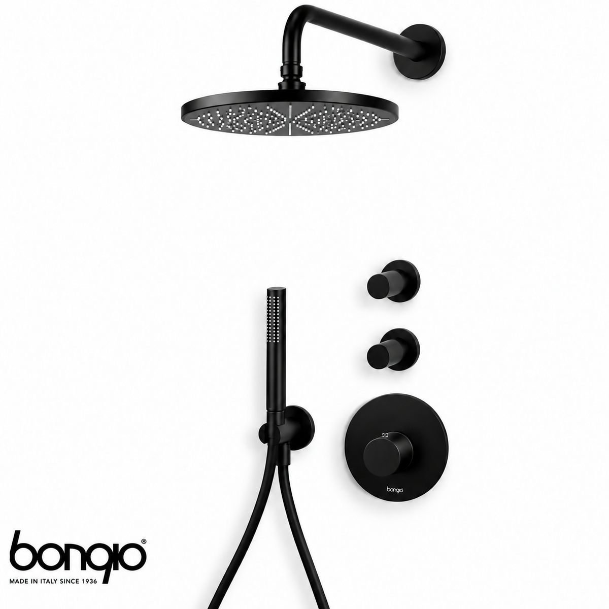 Bongio Squadra set inbouw thermostaatkraan incl. twee inbouw stopkranen hoofddouche 22,2cm, douchearm 35cm en handdoucheset, mat zwart