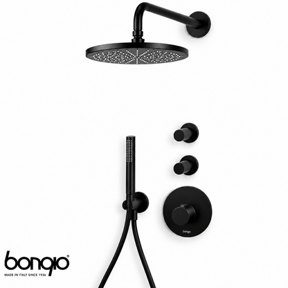 Bongio Squadra set inbouw thermostaatkraan incl. twee inbouw stopkranen hoofddouche 22,2cm, douchearm 35cm en handdoucheset, mat zwart