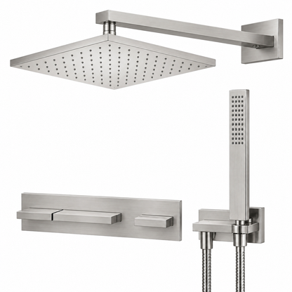 RVB Andrew design inbouw douchthermostaatset met 2 afsluitkranen en 30 cm regendouche met wandbevestiging geborsteld mat nikkel