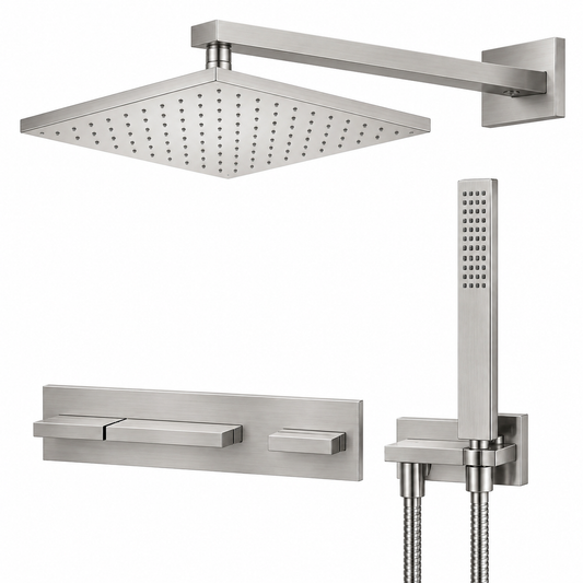 RVB Andrew design inbouw douchthermostaatset met 2 afsluitkranen en 30 cm regendouche met wandbevestiging geborsteld mat nikkel