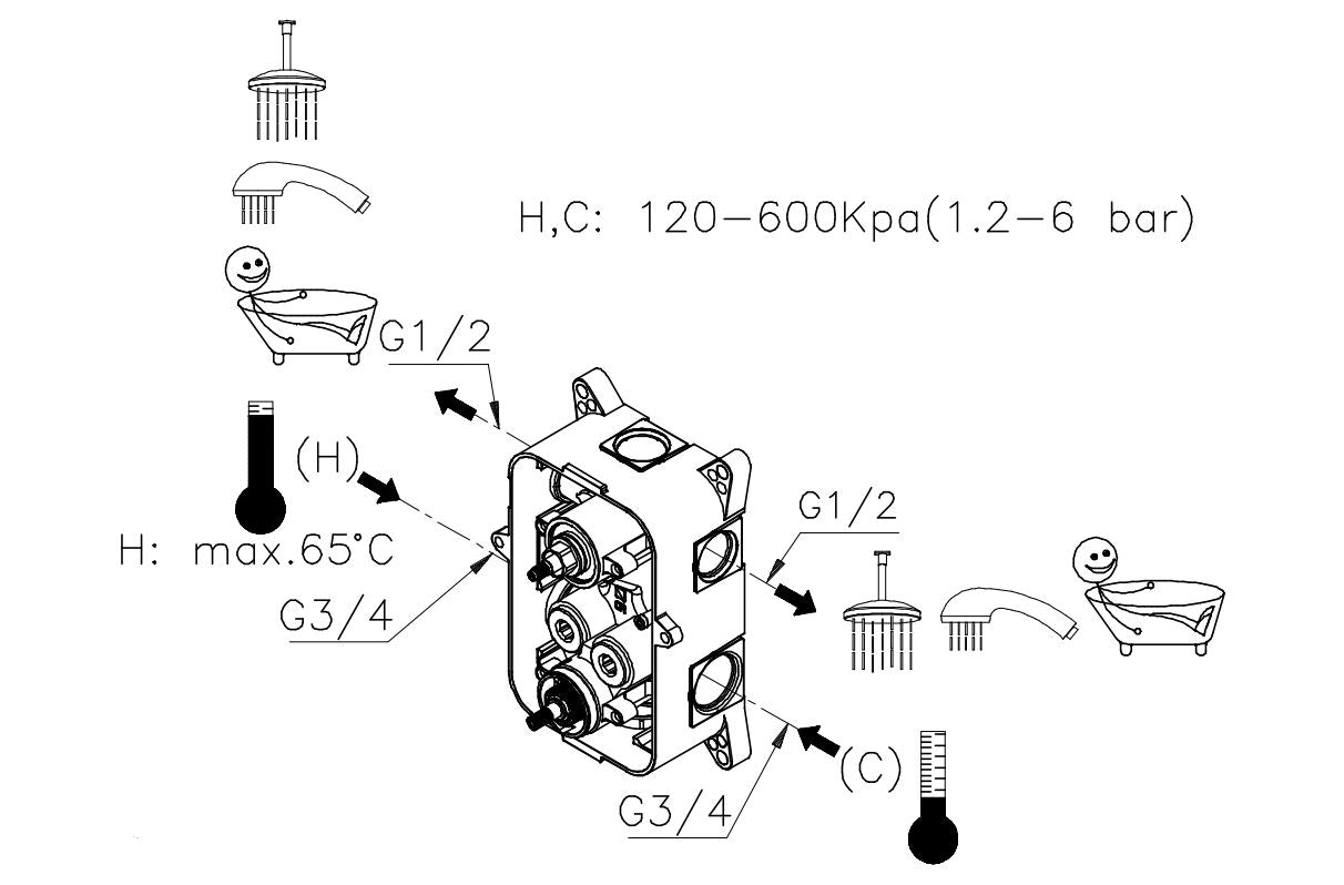 Damixa inbouwdeel 2-weg thermostaat met keerkleppen 570310000