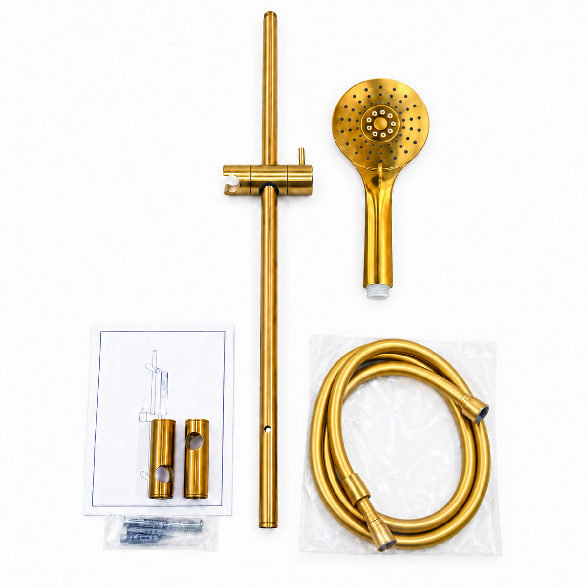 Xenz Pure design glijstangset met verstelbare handdouche en doucheslang Geborsteld Goud