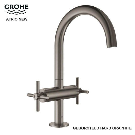 Grohe Atrio New hoge wastafelkraan met waste geborsteld Hard graphite