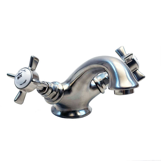 Horton & Studley 1-gats wastafelkraan met kruisgrepen en waste inrichting, mat nikkel