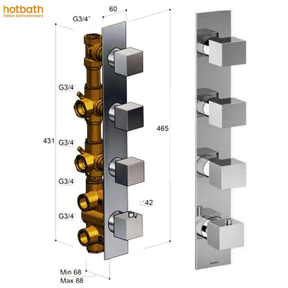 Hotbath Bloke Q050 inbouwthermostaat met 3 stopkranen geborsteld nikkel