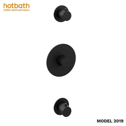 Hotbath Cobber CB007EXT afbouwdeel voor inbouw thermostaat met 2 stopkranen Mat Zwart met chromen pinnen (model 2019)