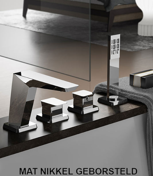 Hotbath BRO thermostatische 4-gats badrandkraan met uitloop en 2-weg omstel, geborsteld mat nikkel (BRO63GN)