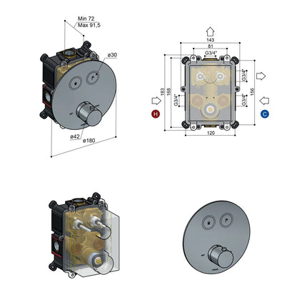 Hotbath Cobber afbouwdeel thermostaat 2 pushbuttons rond geborsteld nikkel (PB009EXT)