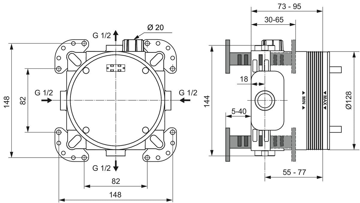 Ideal standard CeraTherm T100 thermostaat met stopkraan voor 1 functie compleet set mat zwart