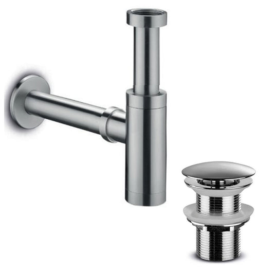 JEE-O Wastafel sifon Compact + Wastafelplug niet afsluitbaar, Geborsteld RVS