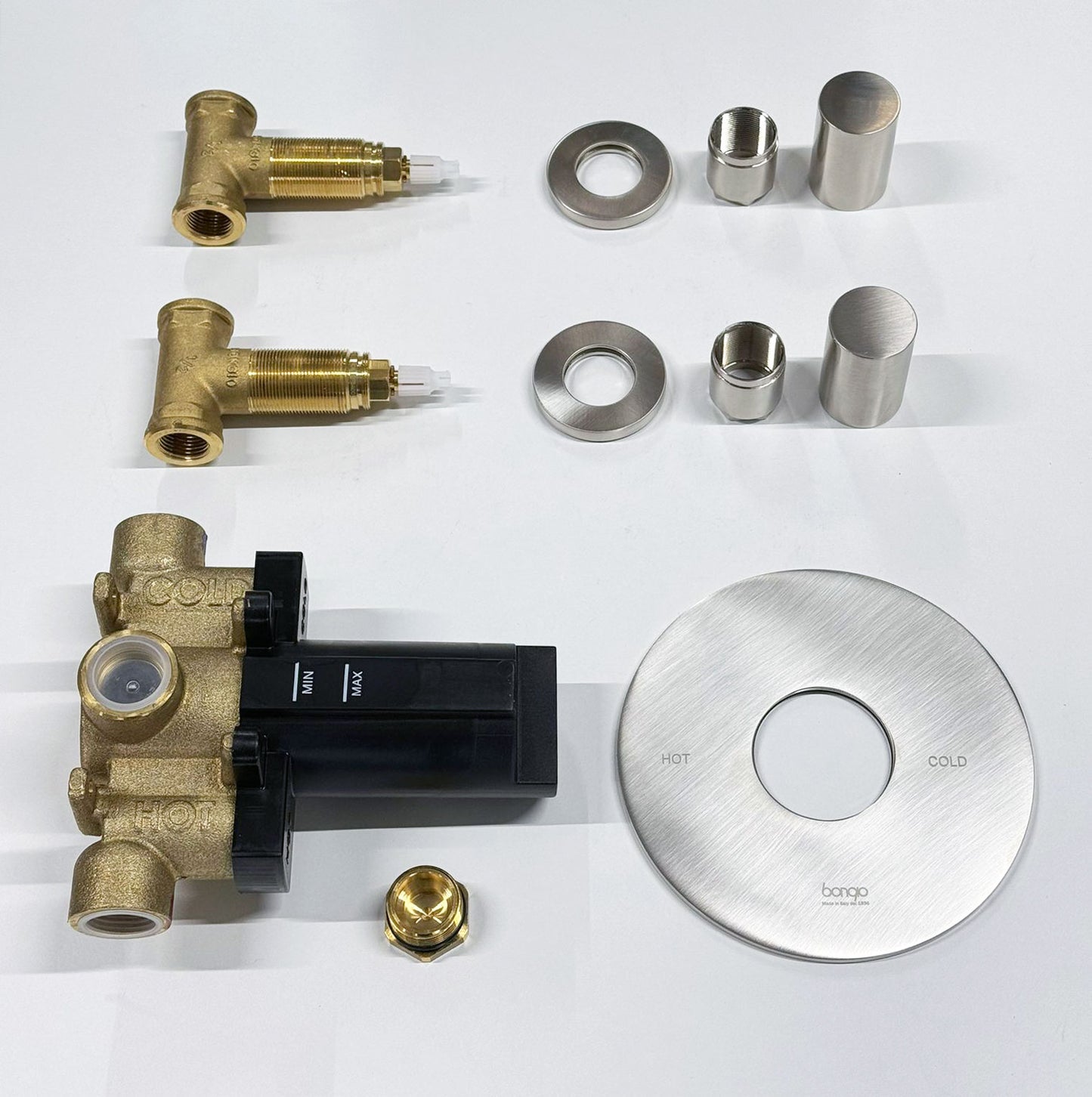 Bongio Squadra, Aqua inbouw centraal thermostaatkraan incl. twee inbouw stopkranen, Geborsteld mat nikkel