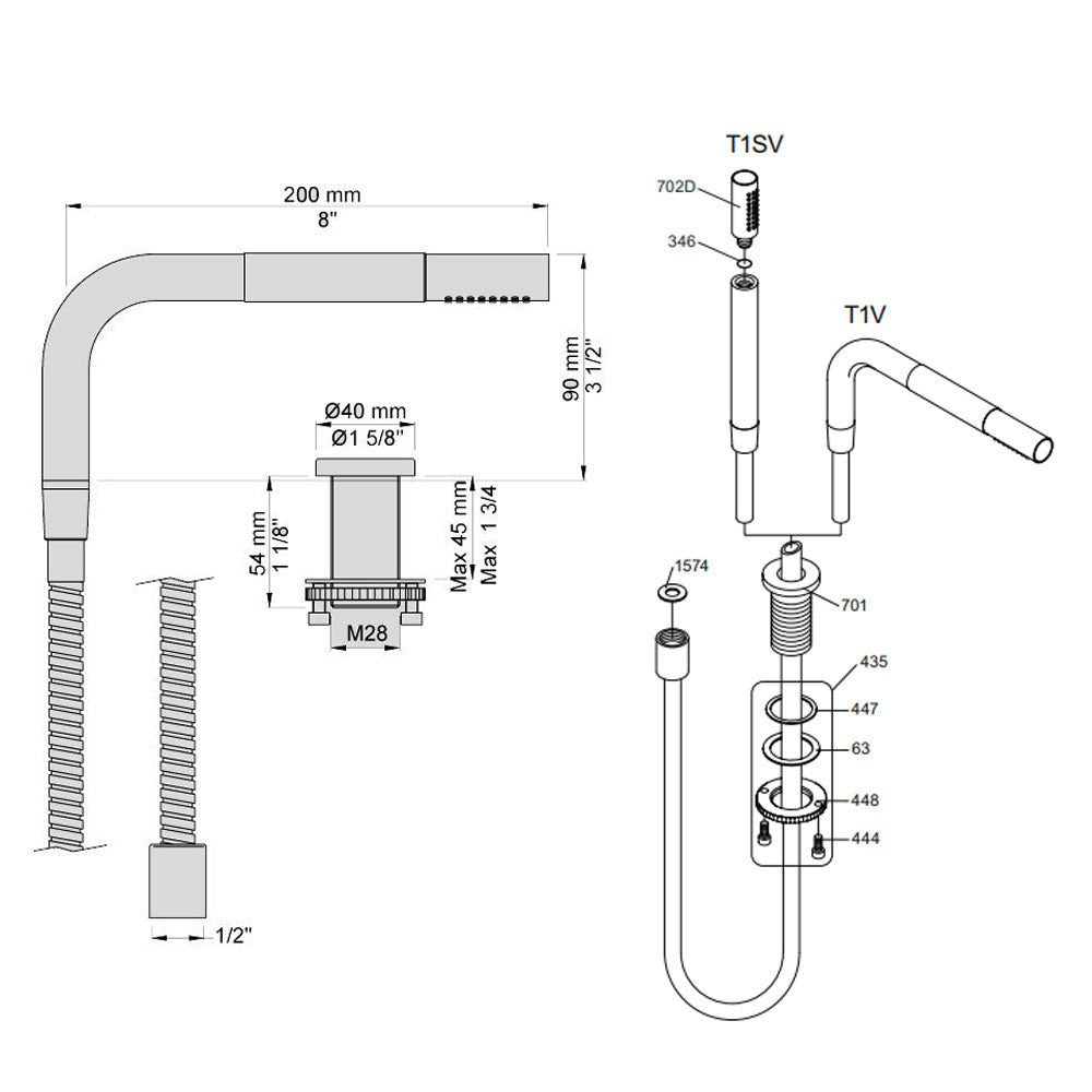 Vola T1V-28 uittrekbare handdouche met doucheslang 150 cm Wit