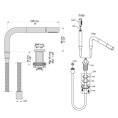 Vola T1V-28 uittrekbare handdouche met doucheslang 150 cm Wit