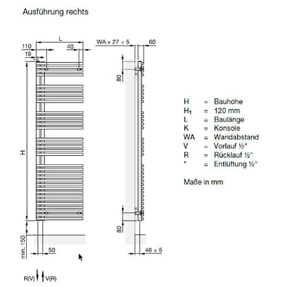 Zehnder Forma Asym LFAER-120-50/GS elektrische handdoekwarmer 500W 1186 x 496 x 105 mm rechts