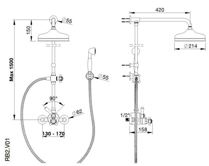 RVB klassieke douchethermostaat set voor wandmontage, handdouche en douchezuil met hoofddouche Ø 214 mm, Donker Brons Mat