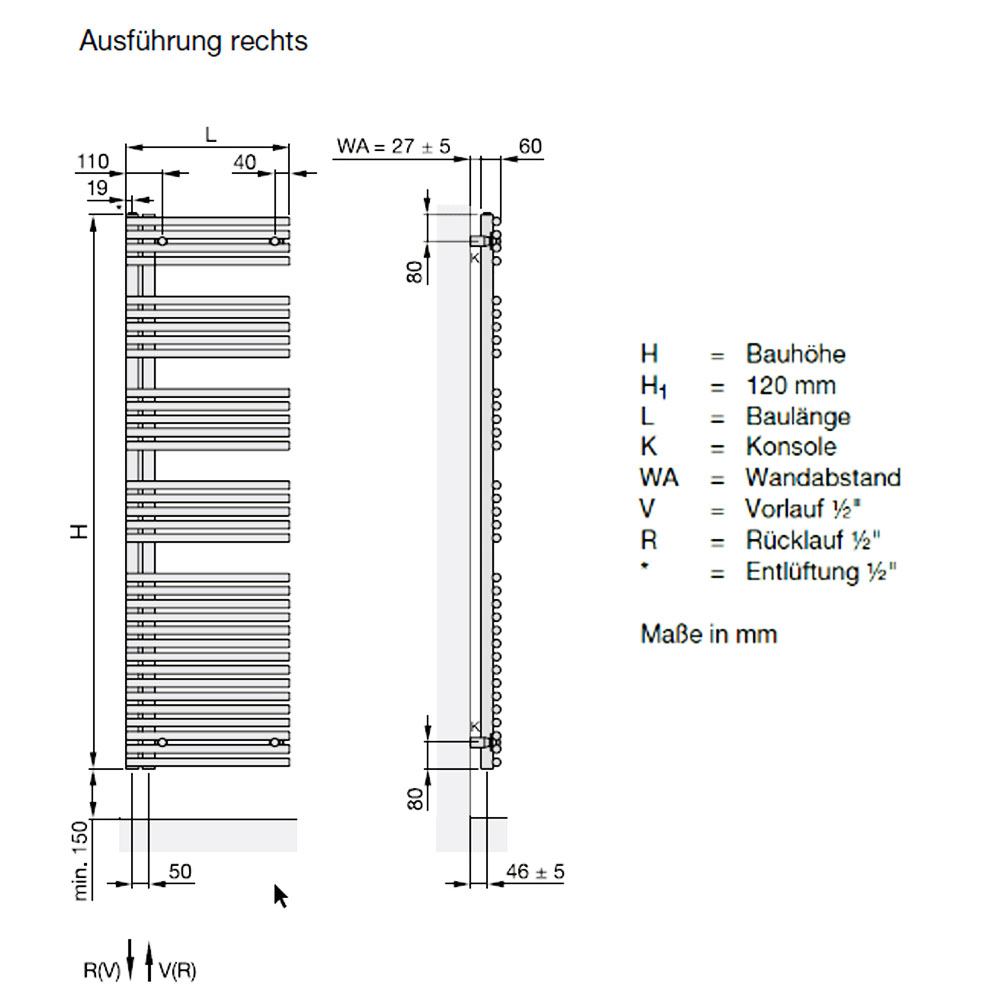 Zehnder Forma Asym LFAER-120-60/GD electrische handdoekwarmer 600W 596 x 1186 mm rechts met RACY-C, antraciet grijs