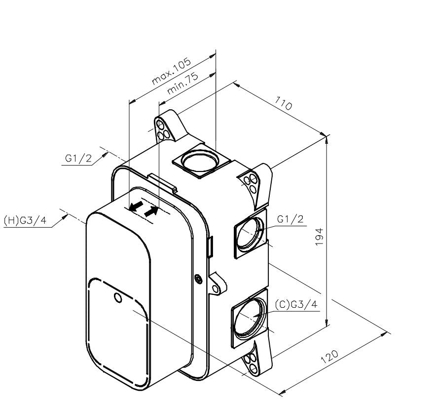 Damixa inbouwdeel 2-weg thermostaat met keerkleppen 570310000
