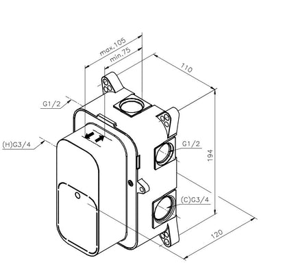 Damixa inbouwdeel 2-weg thermostaat met keerkleppen 570310000
