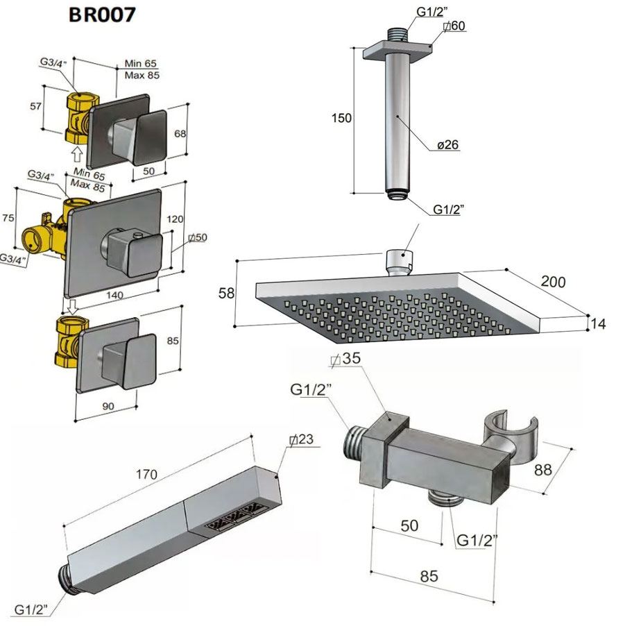 Hotbath Bro BR007CR inbouw thermostaat doucheset met plafondbevestiging met twee stopkranen, chroom