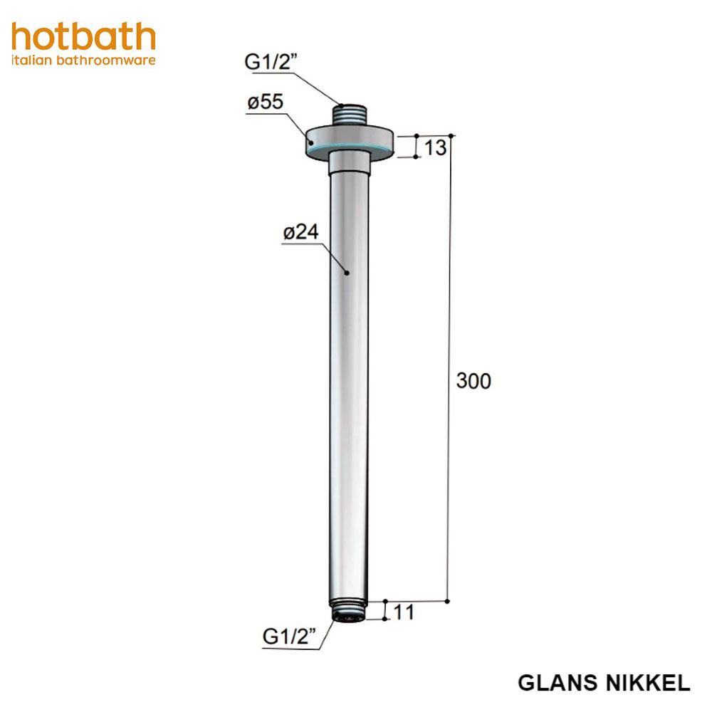 Hotbath Cobber CB453 plafondbevesting, douchearm,  plafonduitloop lengte 30 cm glans nikkel