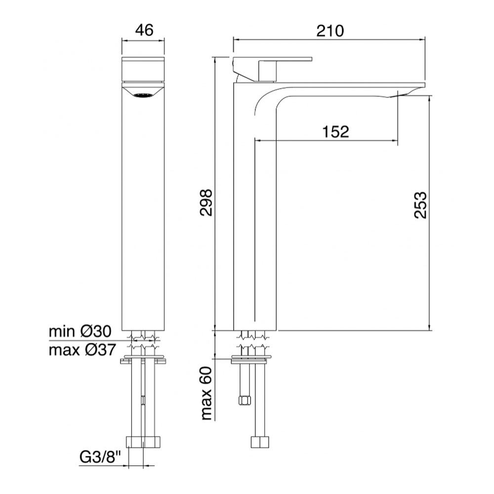 Treemme Ran highriser design wastafelkraan hoog model mat goud PVD