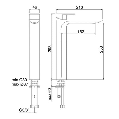 Treemme Ran highriser design wastafelkraan hoog model mat goud PVD