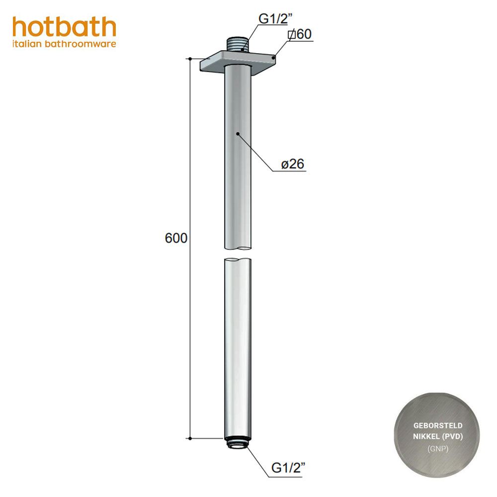 Hotbath Mate plafondbevesting, douchearm,  plafonduitloop lengte 60 cm geborsteld nikkel