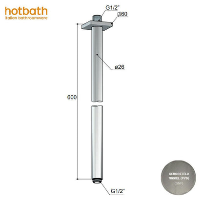 Hotbath Mate plafondbevesting, douchearm,  plafonduitloop lengte 60 cm geborsteld nikkel