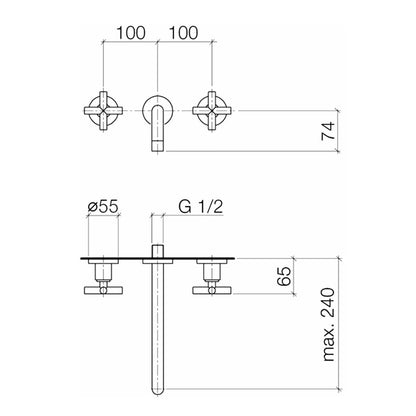 Dornbracht Tara tweegreeps 3-gats wandmengkraan sprong 240 mm, Chroom