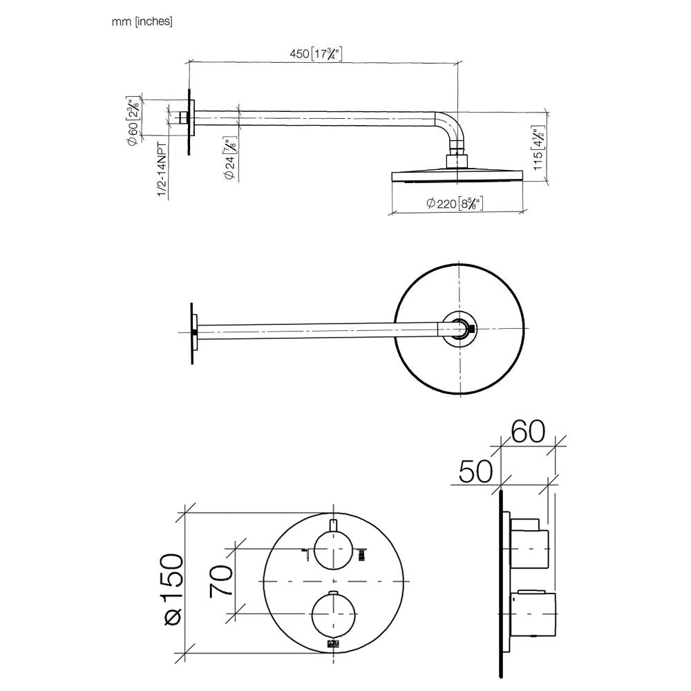 Dornbracht Generic Inbouwthermostaat 2-Weg Compleet Doucheset met Wandbevestiging en Hoofddouche Ø 220 mm – Platina Mat