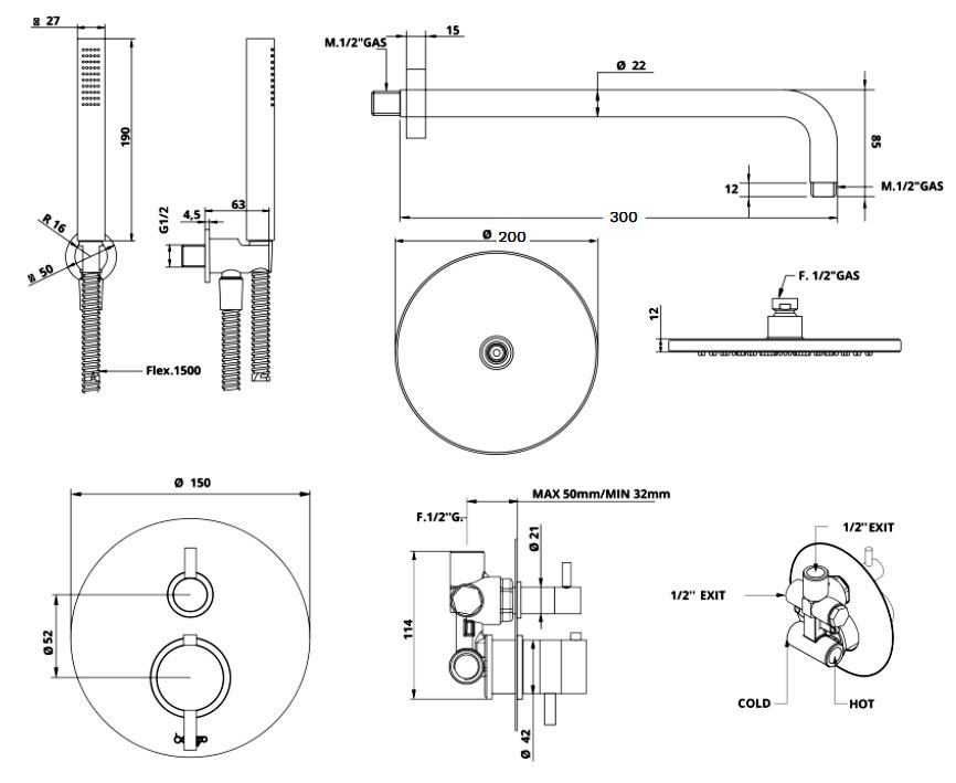 Bongio Luca sanitair compleet design inbouw thermostaat doucheset mat zwart