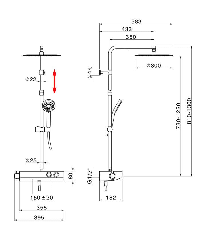 Huber Italia Contenital Push thermostaat douchesysteem met 30 cm hoofddouce en planchet  Chroom/wit