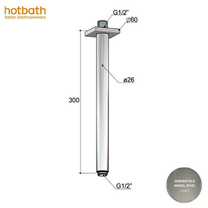 Hotbath Mate plafondbevesting, douchearm,  plafonduitloop lengte 30 cm geborsteld nikkel