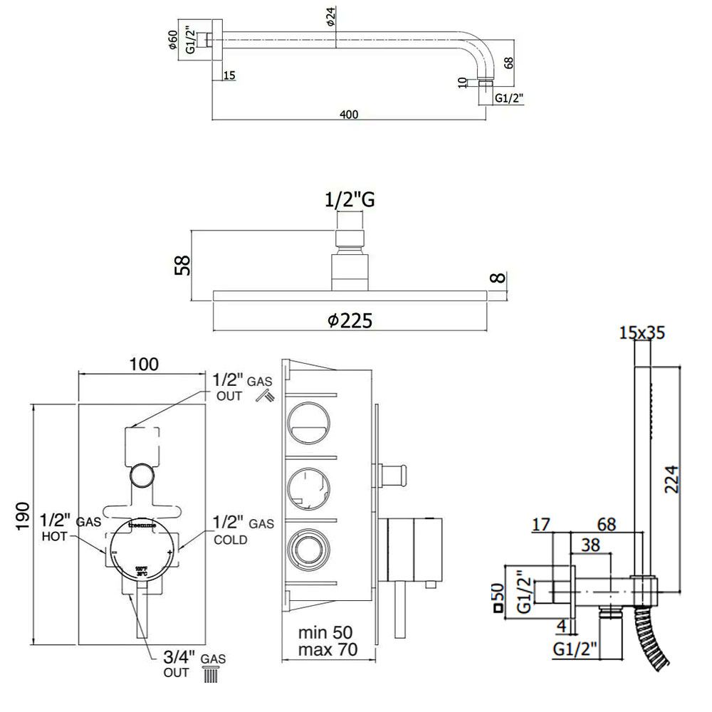 Treemme Studio compleet luxe inbouw set 2-weg douche thermostaat hoofddouche Ø 225 mm, mat zwart