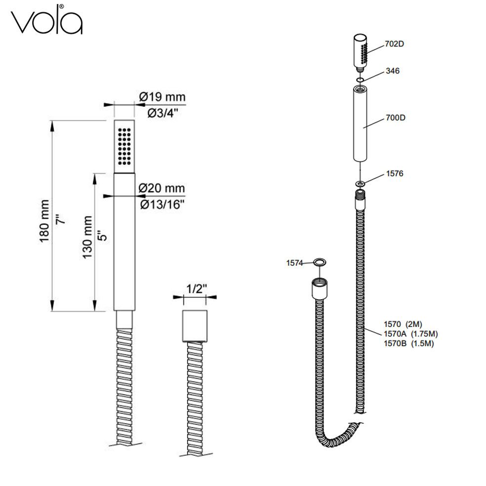 Vola T2V-27 handdouche met doucheslang chroom met zwart 