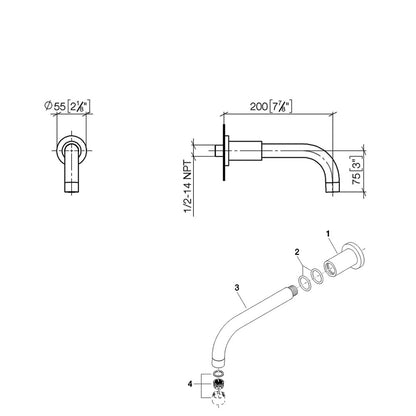 Dornbracht Tara wandmontage baduitloop 3/4" met aansluitstuk platina mat