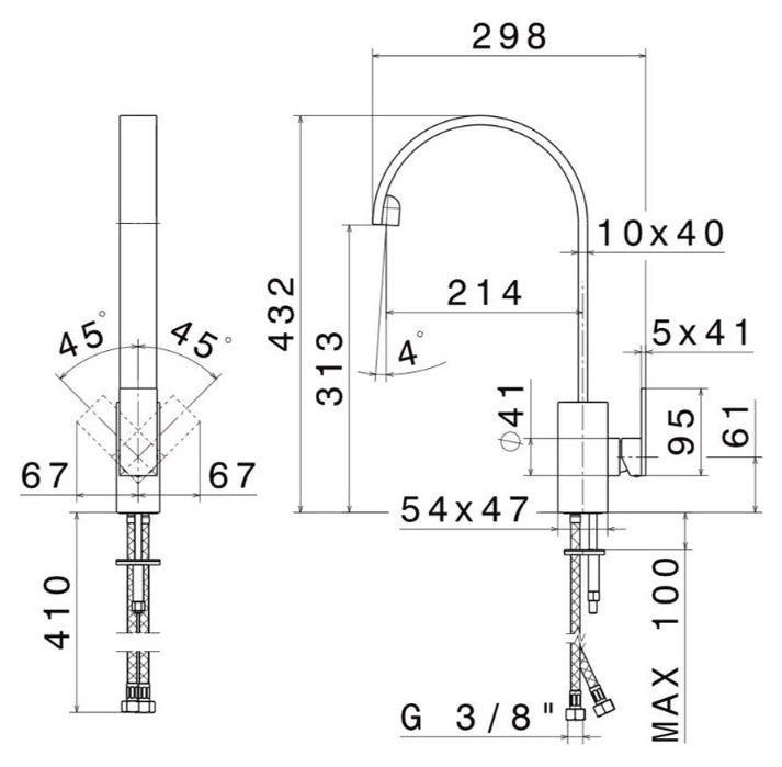 Newform D-Rect Design Hoge Ééngreeps Keukenmengkraan, Draaibare Uitloop, chroom