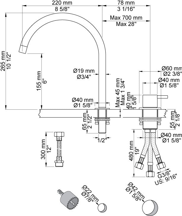 Vola 590H-64 monoknop 2 gats mengkraan geborsteld koper