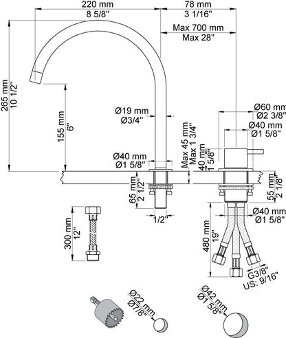 Vola 590H-64 monoknop 2 gats mengkraan geborsteld koper