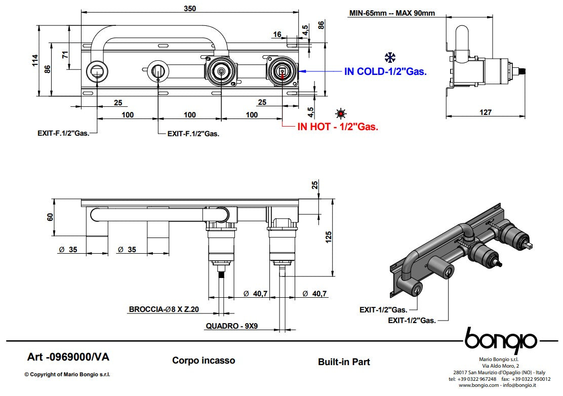 Bongio Squadra inbouw wand badmengkraan 22cm uitloop incl. handdoucheset en 2-weg omstel