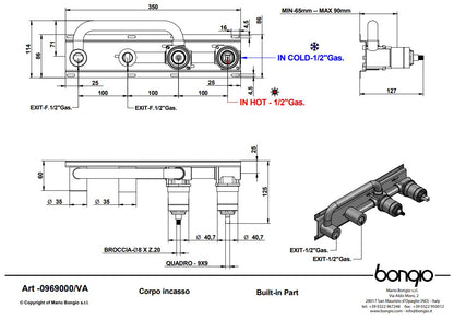 Bongio Squadra inbouw wand badmengkraan 22cm uitloop incl. handdoucheset en 2-weg omstel
