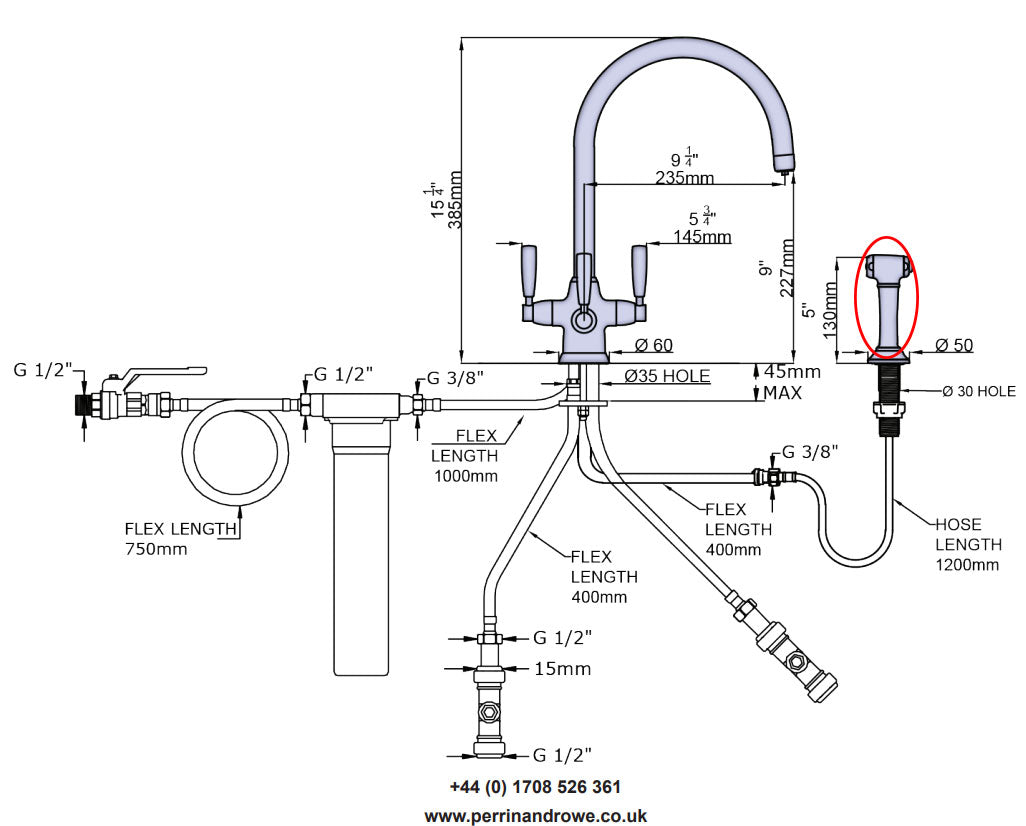 Perrin & Rowe Metris Triflow keukenkraan met waterfilter en reservoir – geborsteld nikkel